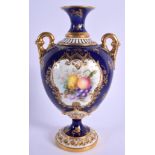 Royal Worcester two handled vase with fruit on a blue ground by Hawkins, signed, marked LEADLESS GLA