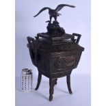 A GOOD LARGE 19TH CENTURY JAPANESE MEIJI PERIOD BRONZE CENSER AND COVER with hawk terminal, decorate