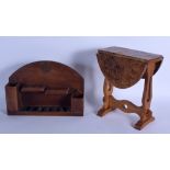 A MILITARY PIPE RACK together with apprentice burr walnut table. Largest 30 cm high. (2)