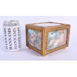 A FINE 19TH CENTURY EUROPEAN PAINTED IVORY CASKET painted with scenes of lovers and landscapes. 14 c