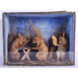 A RARE VICTORIAN TAXIDERMY STUDY OF SQUIRRELS modelled playing cards and reading magazines. 35 cm x