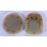 TWO EARLY 20TH CENTURY CHINESE CARVED JADE PLAQUES Late Qing. 5 cm diameter. (2)