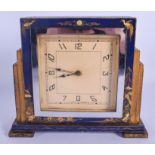 A GEORGE III STYLE BLUE LACQUER CHINOISERIE LACQUERED MANTEL CLOCK painted with figures. 17 cm x 19