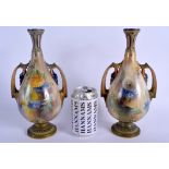 A LATE 19TH C. HADLEY’S WORCESTER PAIR OF VASES painted with flowers , green mark