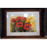 A large framed watercolour of poppies in a field by Jo Haldane 50 x 76cm