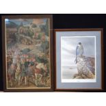 A framed Print of a mediaeval procession and another of an Peregrine falcon 75 x 46cm