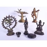 AN 18TH CENTURY INDIAN HINDU BRONZE together with other figures etc. Largest 18 cm x 14 cm. (8)
