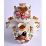 LATE 19TH C. ROYAL WORCESTER SET OF FOUR CONNECTED VASES painted with five chubby birds by John Hope
