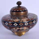 A 19TH CENTURY JAPANESE MEIJI PERIOD CLOISONNE ENAMEL CENSER AND COVER decorated with birds and foli