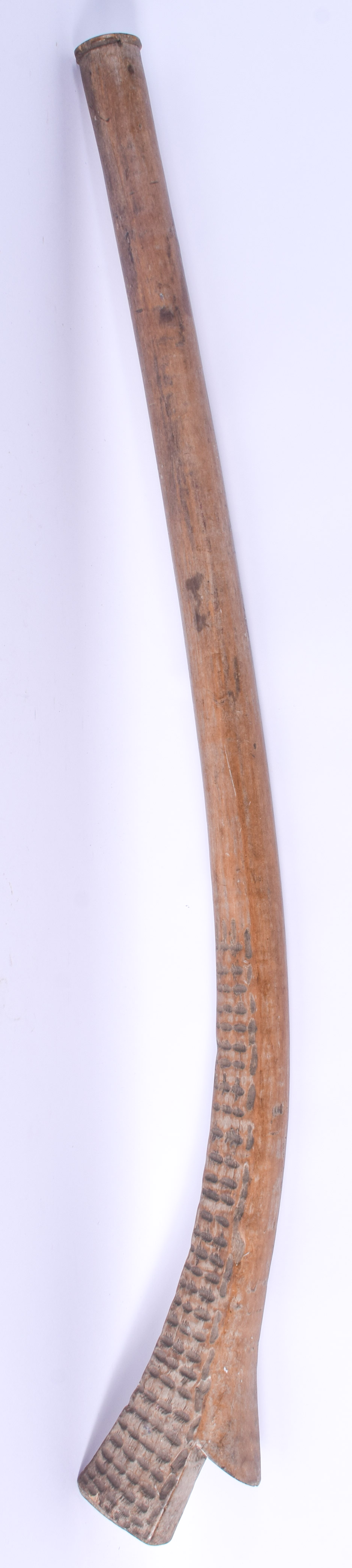 A 19TH CENTURY FIJIAN TRIBAL CARVED WOOD GUN STOCK TRIBAL CLUB. 96 cm long.