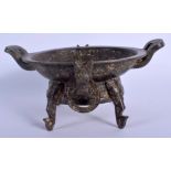 A VERY RARE 17TH/18TH CENTURY CHINESE BRONZE TWIN HANDLED CENSER Ming/Qing, engraved with calligraph