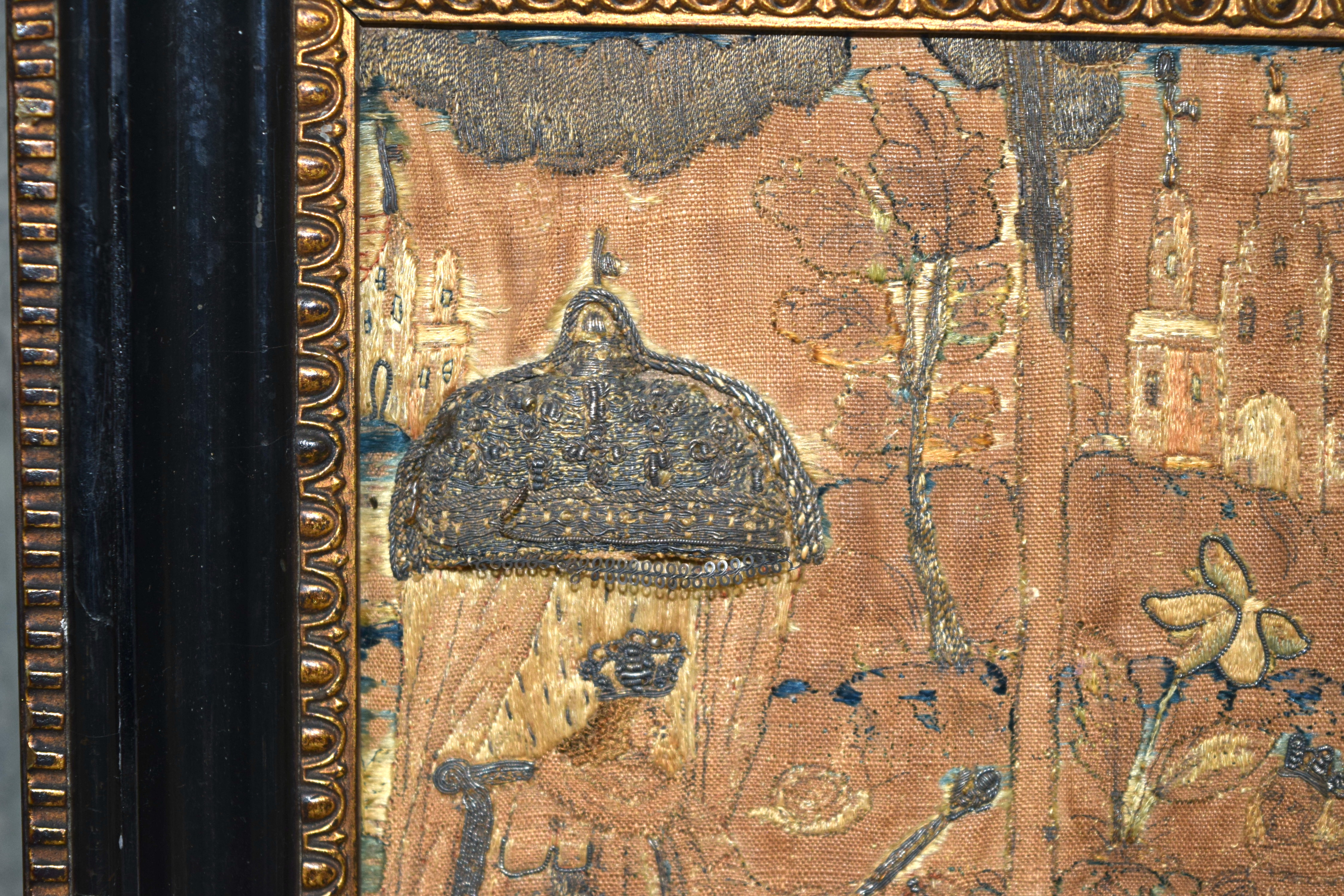A VERY RARE 17TH CENTURY ENGLISH EMBROIDERED STUMP WORK PANEL depicting a very unusual scene of a Ki - Image 9 of 12