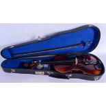 A TWO PIECE BACK STAINER VIOLIN with Tourte bow. 57 cm long. (2)
