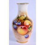 A ROYAL WORCESTER VASE painted with fruit by Roberts, signed, shape 2491, black mark. 11.5cm high