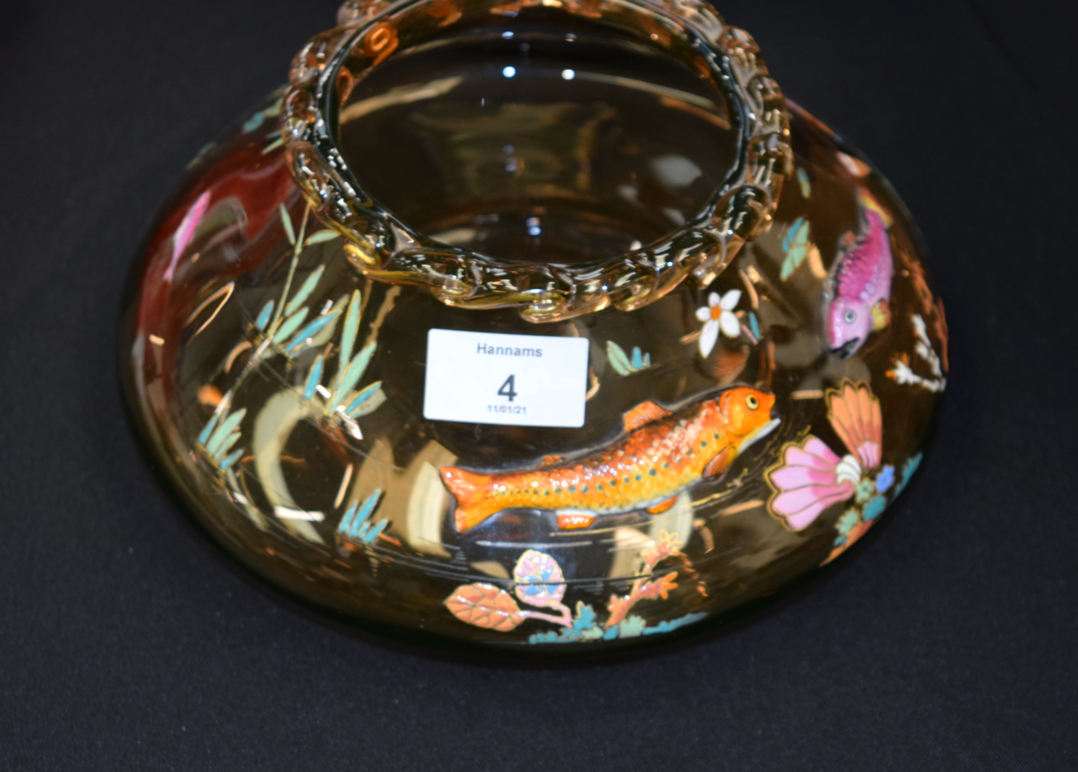 A LOVELY ART NOUVEAU ENAMELLED GLASS BOWL in the manner of Moser, decorated in relief with fish. 21 - Image 4 of 8