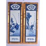 A LARGE PAIR OF LATE 19TH CENTURY CHINESE BLUE AND WHITE PLAQUES mounted upon gilt frames. 70 cm x 2