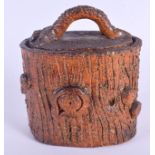 A VERY RARE 19TH ENGLISH POTTERY STONEWARE JAR AND COVER of tree trunk form. 12 cm x 9 cm.