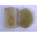 TWO EARLY 20TH CENTURY CHINESE CARVED JADE PLAQUES Late Qing. 5 cm diameter. (2)