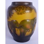 A FRENCH GALLE STYLE CAMEO GLASS VASE decorated with elephants. 21 cm high.