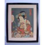 A 19TH CENTURY JAPANESE MEIJI PERIOD WOODBLOCK PRINT depicting a geisha. Image 33 cm x 24 cm.