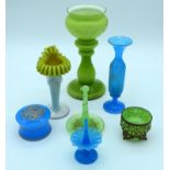 Group of coloured glass vases and pots largest 23cm. (Qty)