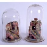 A VERY UNUSUAL PAIR OF 19TH CENTURY ROLLED PAPER AND CARD DIORAMA LANDSCAPES within glass domes. 17