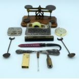 Small set of brass scales, coin dispenser, vintage metal ware etc (Qty)