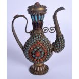 A 19TH CENTURY CHINESE TIBETAN CORAL AND TURQUOISE EWER. 14 cm high.