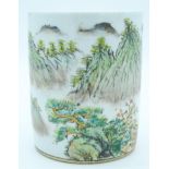 A Chinese Famille Verte brush pot 15.5 x 13 cm.