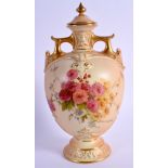 Royal Worcester blush ivory vase and cover painted with flowers, shape 1654, date code 1901. 22.5cm