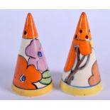 A PAIR OF ART DECO CLARICE CLIFF CONICAL FANTASQUE CONDIMENTS. 8.25 cm high.