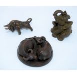 A Japanese small bronze Elephant ,bull and two water buffalo 4cm (3).