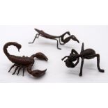 A Japanese small bronze scorpion , spider and a praying mantis 8 cm (3).