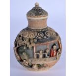 A GOOD 19TH CENTURY CHINESE CARVED POLYCHROMED BONE SNUFF BOTTLE Qing, decorated with figures withi