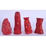 FOUR CHINESE CORAL CARVED FIGURES 20th Century. Largest 8 cm high. (4)