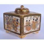 A 19TH CENTURY JAPANESE MEIJI PERIOD SATSUMA CENSER AND COVER painted with scholars. 15 cm x 12 cm.