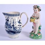 A LATE 18TH CENTURY ENGLISH PEARLWARE SPARROW BEAK JUG together with a Derby style figure. Largest 1