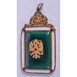 A CONTINENTAL SILVER ENAMEL AND MALACHITE PENDANT. 6.5 cm x 3.5 cm. 62 grams.