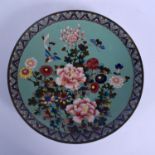 A 19TH CENTURY JAPANESE MEIJI PERIOD CLOISONNE ENAMEL DISH decorated with birds and flowers. 30 cm d