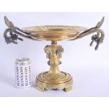 A 19TH CENTURY FRENCH TWIN HANDLED BRONZE PEDESTAL TAZZA in the manner of Barbedienne, with bold mas