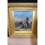 Framed Oil on canvas of a man on horse back carrying a lamb 24 x 29cm