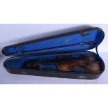 A CASED TWO PIECE BACK VIOLIN with bow. 58 cm long. (2)