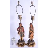 A PAIR OF 19TH CENTURY AUSTRIAN TERRACOTTA FIGURES converted to lamps. Figure 33 cm high.
