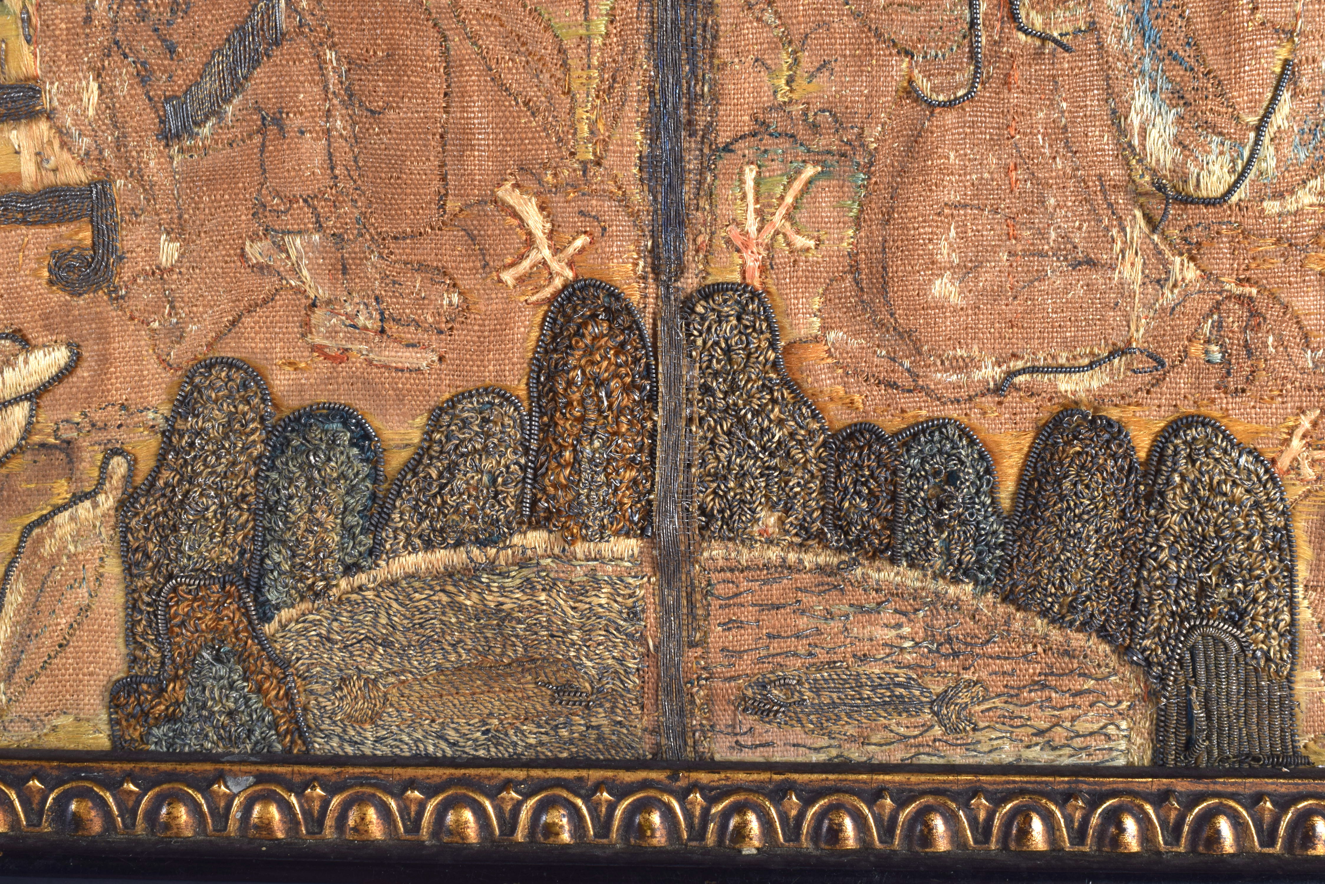 A VERY RARE 17TH CENTURY ENGLISH EMBROIDERED STUMP WORK PANEL depicting a very unusual scene of a Ki - Image 5 of 12