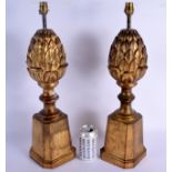 A PAIR OF ANTIQUE GILTWOOD ARTICHOKE LAMPS. Wood 44 cm high.