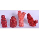 FOUR CHINESE CORAL CARVED FIGURES 20th Century. Largest 8 cm high. (4)