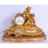 A LARGE 19TH CENTURY FRENCH GILT METAL AND SEVRES PORCELAIN MANTEL CLOCK modelled as a boy and a hou