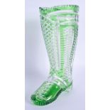 A VINTAGE BOHEMIAN GREEN GLASS BOOT VASE. 20 cm high.