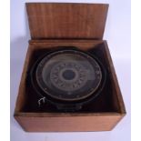 AN UNUSUAL HUGHES & SON ENGLISH CASED SHIPS COMPASS. 29 cm wide.