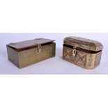 A 19TH CENTURY INDIAN PERSIAN ISLAMIC BOX AND COVER together with another. Largest 13 cm x 8 cm. (2)